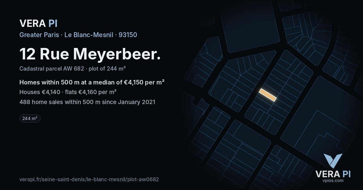 12 Rue Meyerbeer, Le Blanc-Mesnil at night – the plot lit, the parcels around coloured by the prices near them