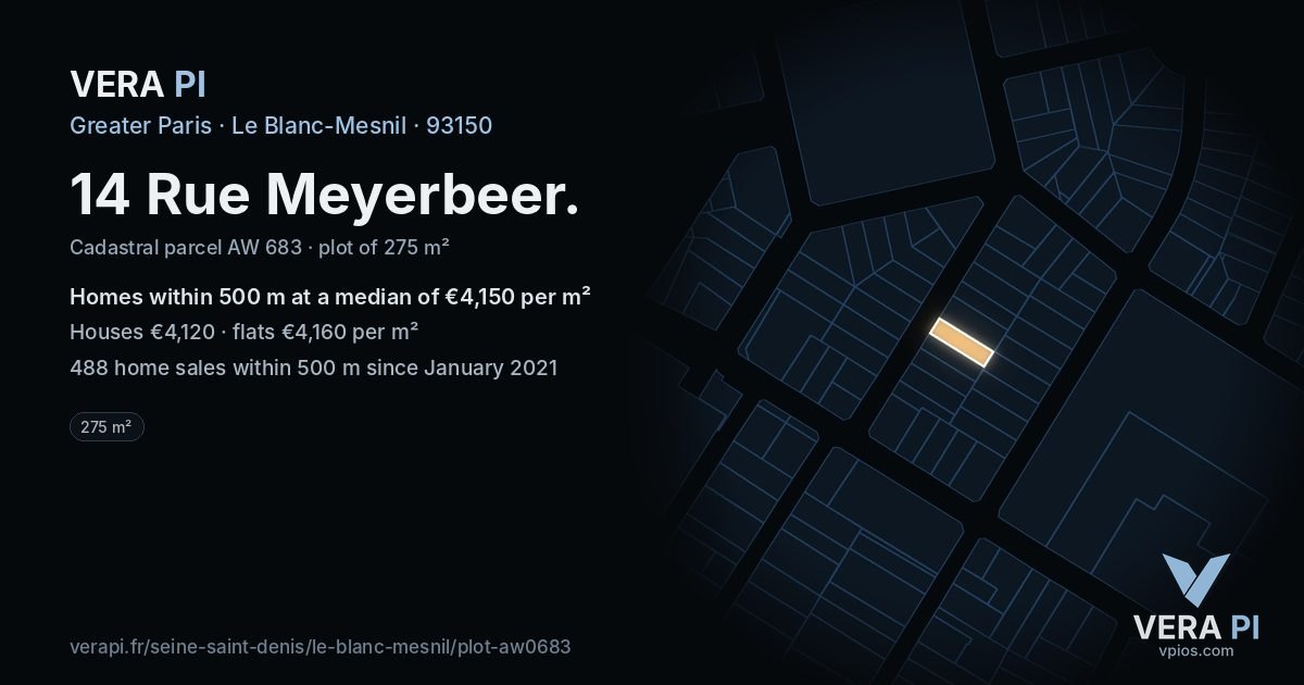 14 Rue Meyerbeer, Le Blanc-Mesnil at night – the plot lit, the parcels around coloured by the prices near them