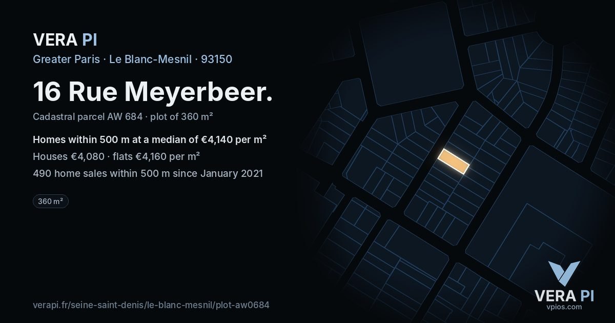 16 Rue Meyerbeer, Le Blanc-Mesnil at night – the plot lit, the parcels around coloured by the prices near them