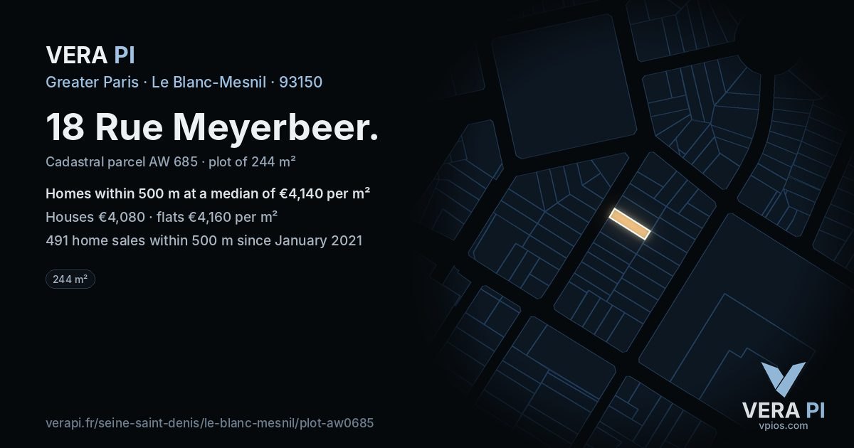 18 Rue Meyerbeer, Le Blanc-Mesnil at night – the plot lit, the parcels around coloured by the prices near them