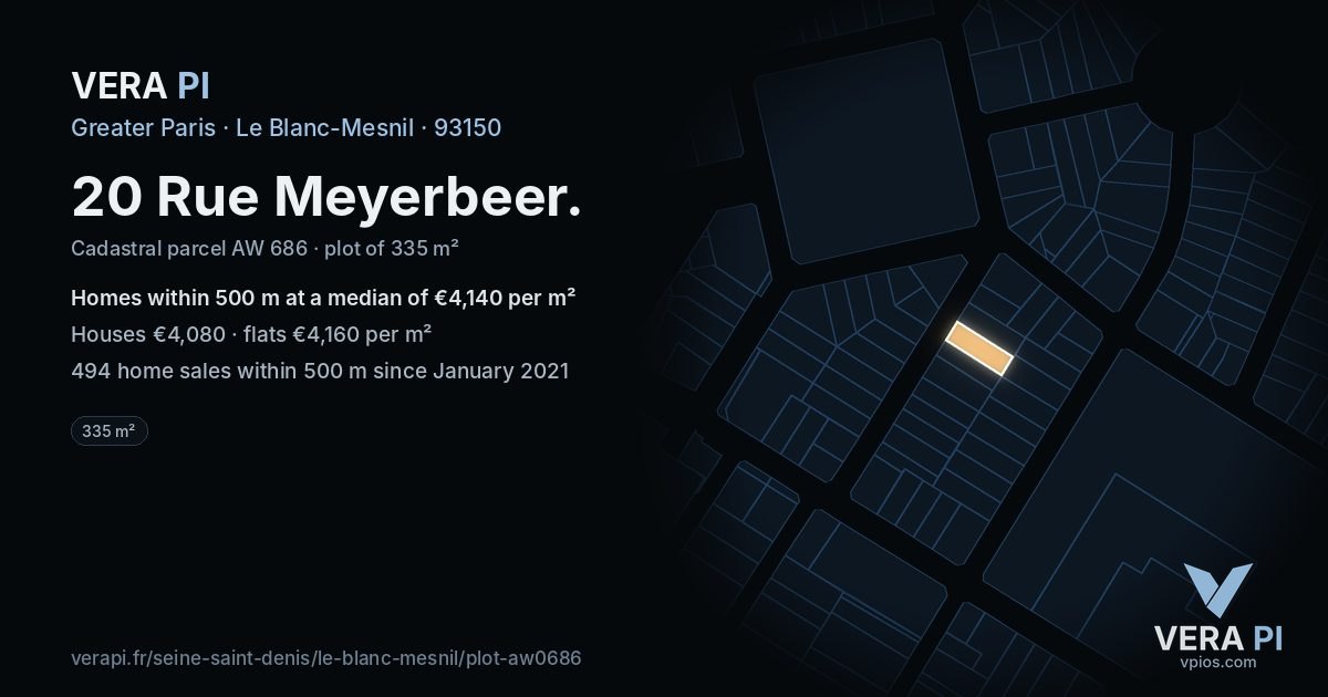 20 Rue Meyerbeer, Le Blanc-Mesnil at night – the plot lit, the parcels around coloured by the prices near them