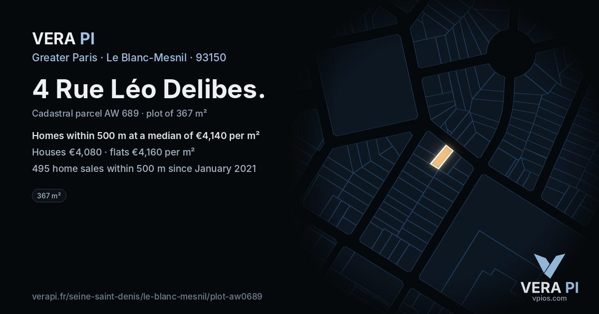 4 Rue Léo Delibes, Le Blanc-Mesnil at night – the plot lit, the parcels around coloured by the prices near them