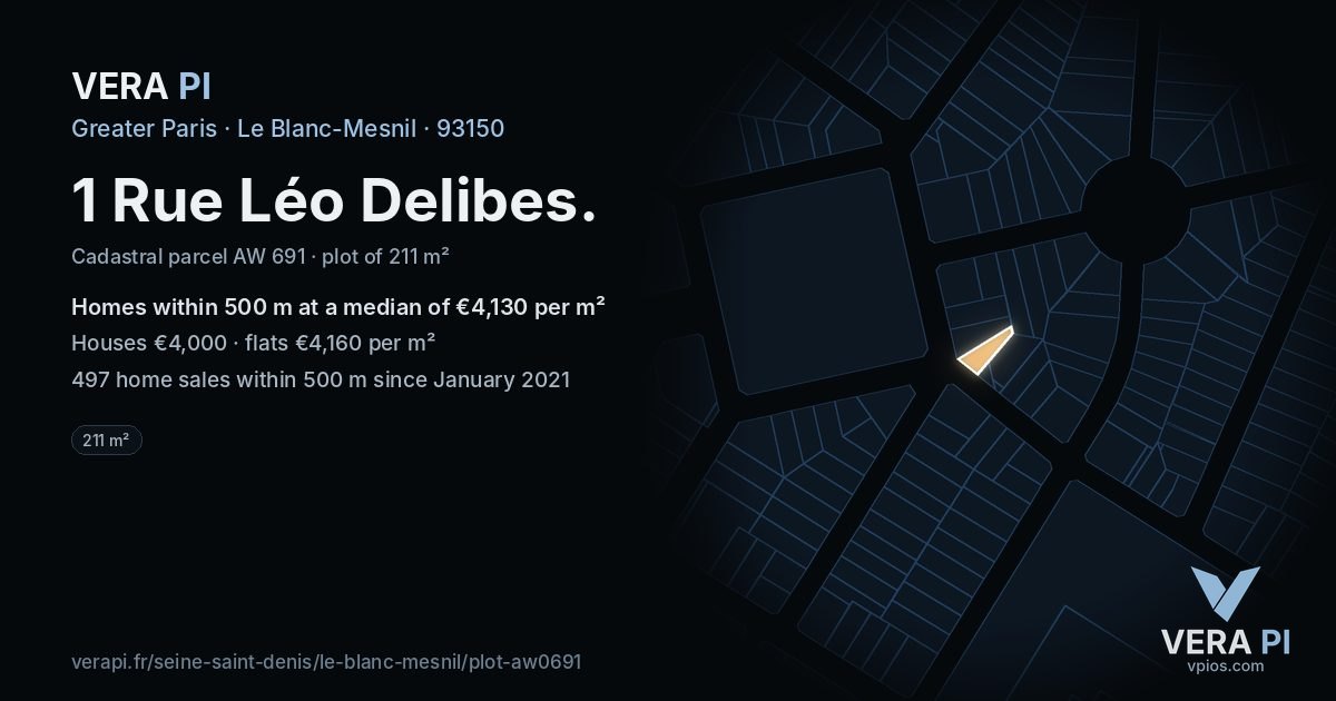 1 Rue Léo Delibes, Le Blanc-Mesnil at night – the plot lit, the parcels around coloured by the prices near them