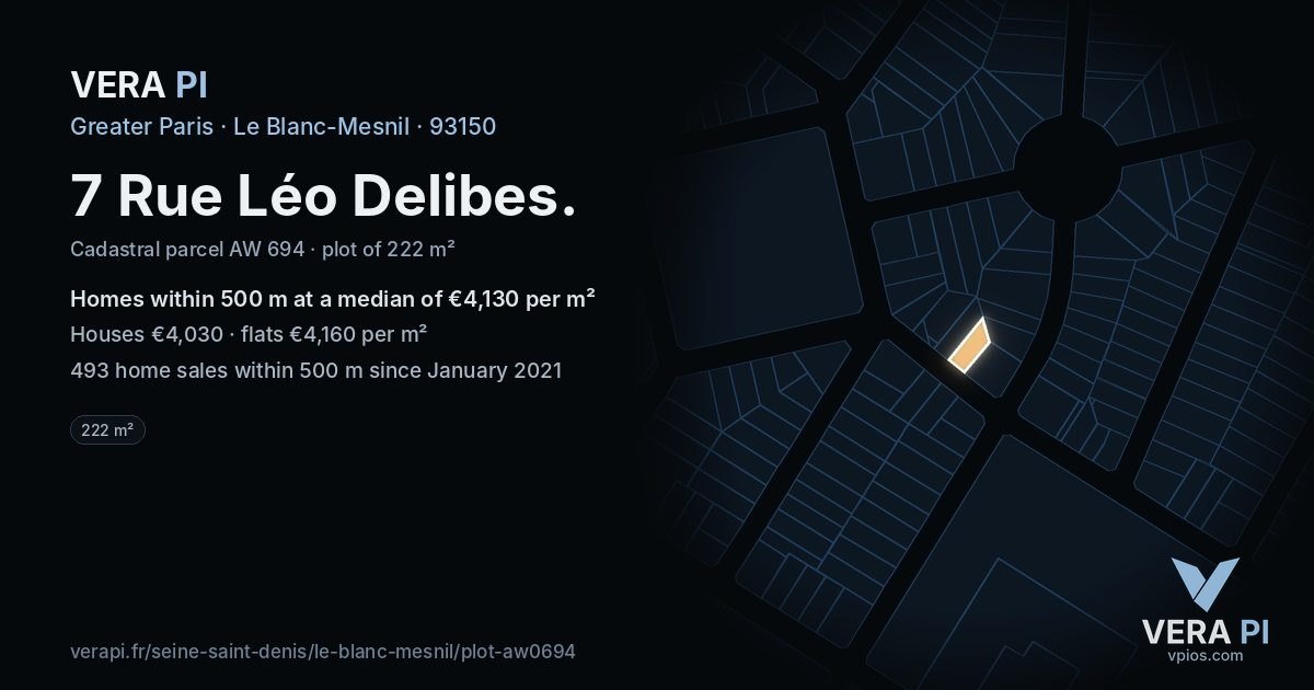 7 Rue Léo Delibes, Le Blanc-Mesnil at night – the plot lit, the parcels around coloured by the prices near them
