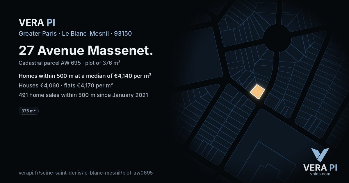 27 Avenue Massenet, Le Blanc-Mesnil at night – the plot lit, the parcels around coloured by the prices near them