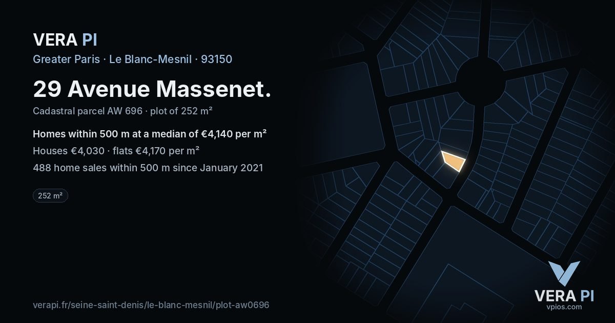 29 Avenue Massenet, Le Blanc-Mesnil at night – the plot lit, the parcels around coloured by the prices near them