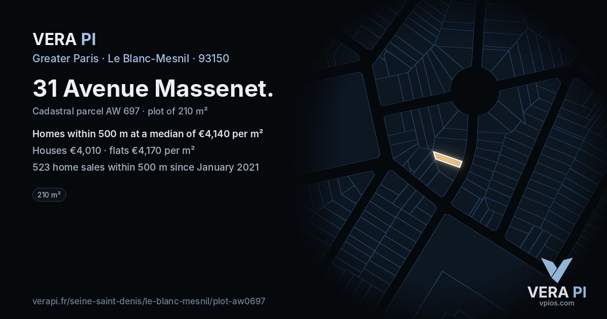 31 Avenue Massenet, Le Blanc-Mesnil at night – the plot lit, the parcels around coloured by the prices near them