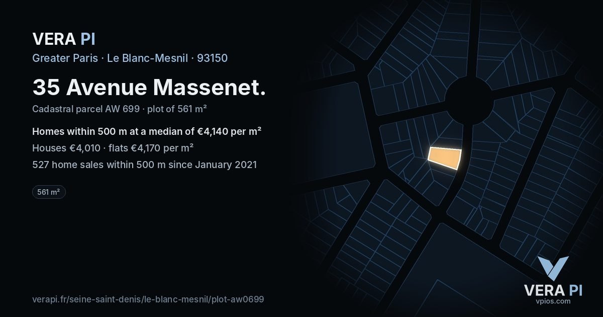 35 Avenue Massenet, Le Blanc-Mesnil at night – the plot lit, the parcels around coloured by the prices near them