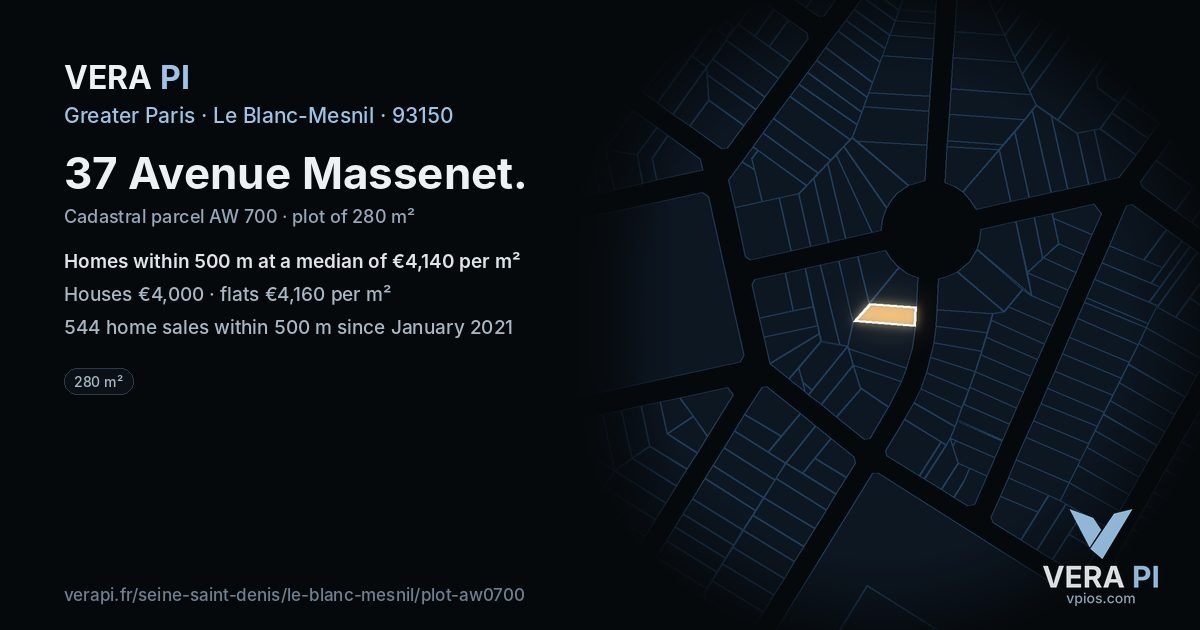 37 Avenue Massenet, Le Blanc-Mesnil at night – the plot lit, the parcels around coloured by the prices near them