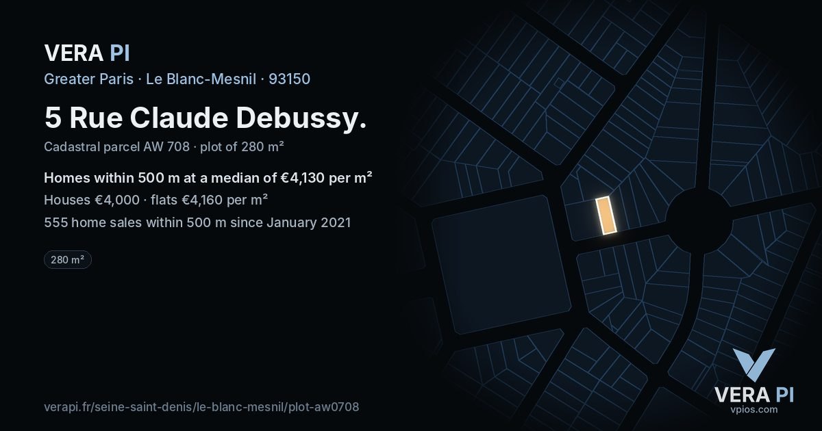 5 Rue Claude Debussy, Le Blanc-Mesnil at night – the plot lit, the parcels around coloured by the prices near them