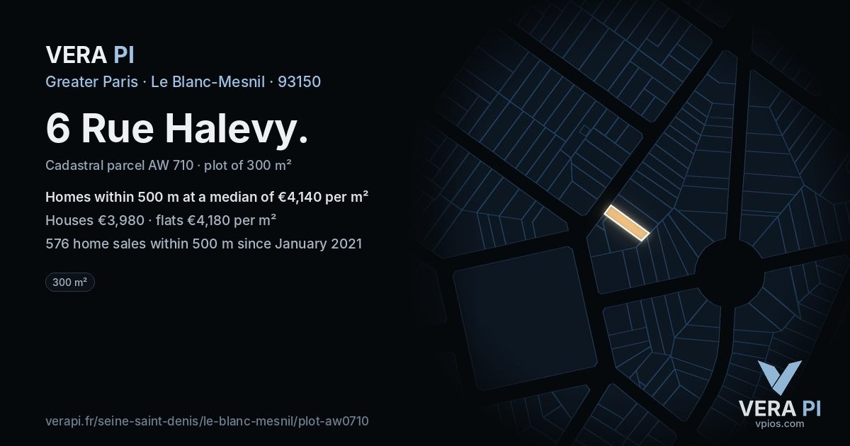 6 Rue Halevy, Le Blanc-Mesnil at night – the plot lit, the parcels around coloured by the prices near them