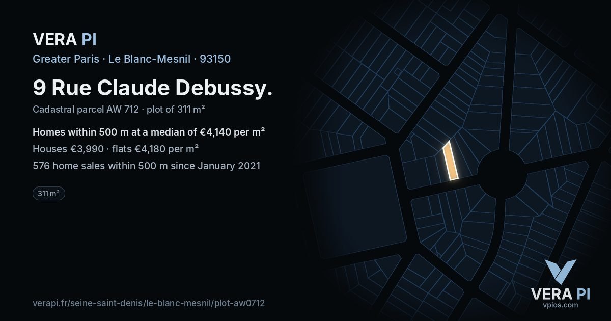 9 Rue Claude Debussy, Le Blanc-Mesnil at night – the plot lit, the parcels around coloured by the prices near them