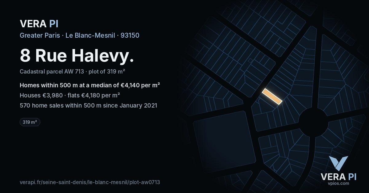 8 Rue Halevy, Le Blanc-Mesnil at night – the plot lit, the parcels around coloured by the prices near them