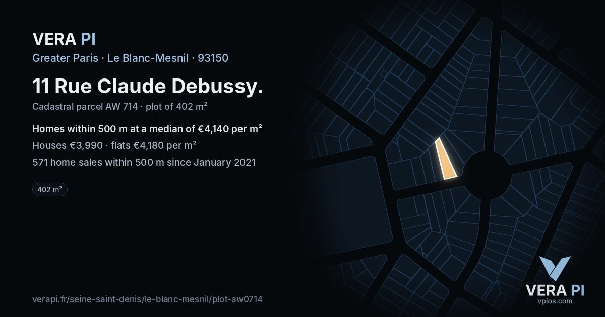 11 Rue Claude Debussy, Le Blanc-Mesnil at night – the plot lit, the parcels around coloured by the prices near them