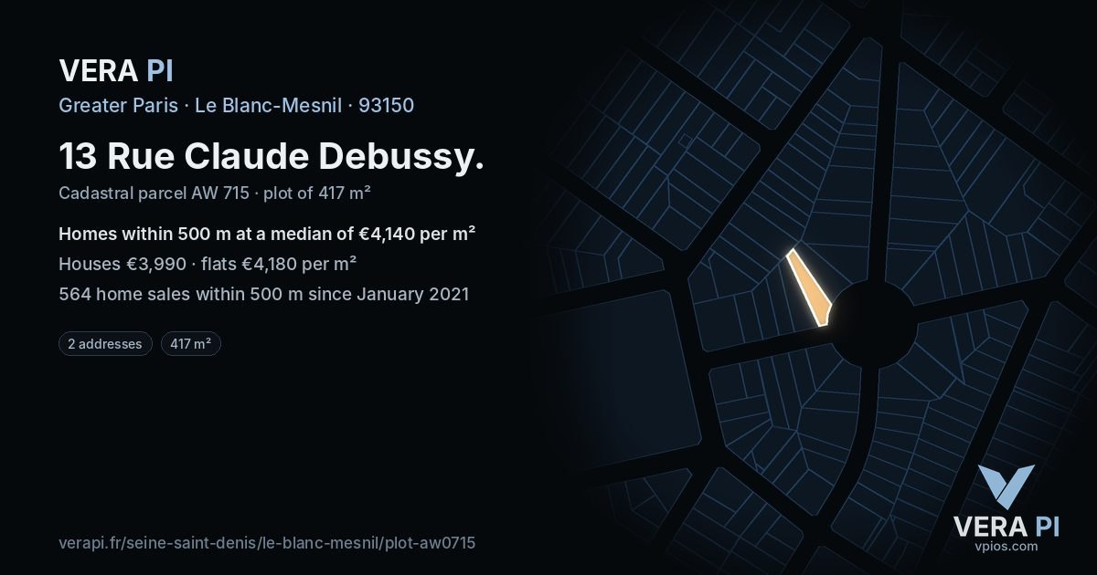 13 Rue Claude Debussy, Le Blanc-Mesnil at night – the plot lit, the parcels around coloured by the prices near them