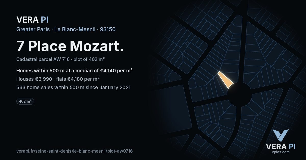 7 Place Mozart, Le Blanc-Mesnil at night – the plot lit, the parcels around coloured by the prices near them