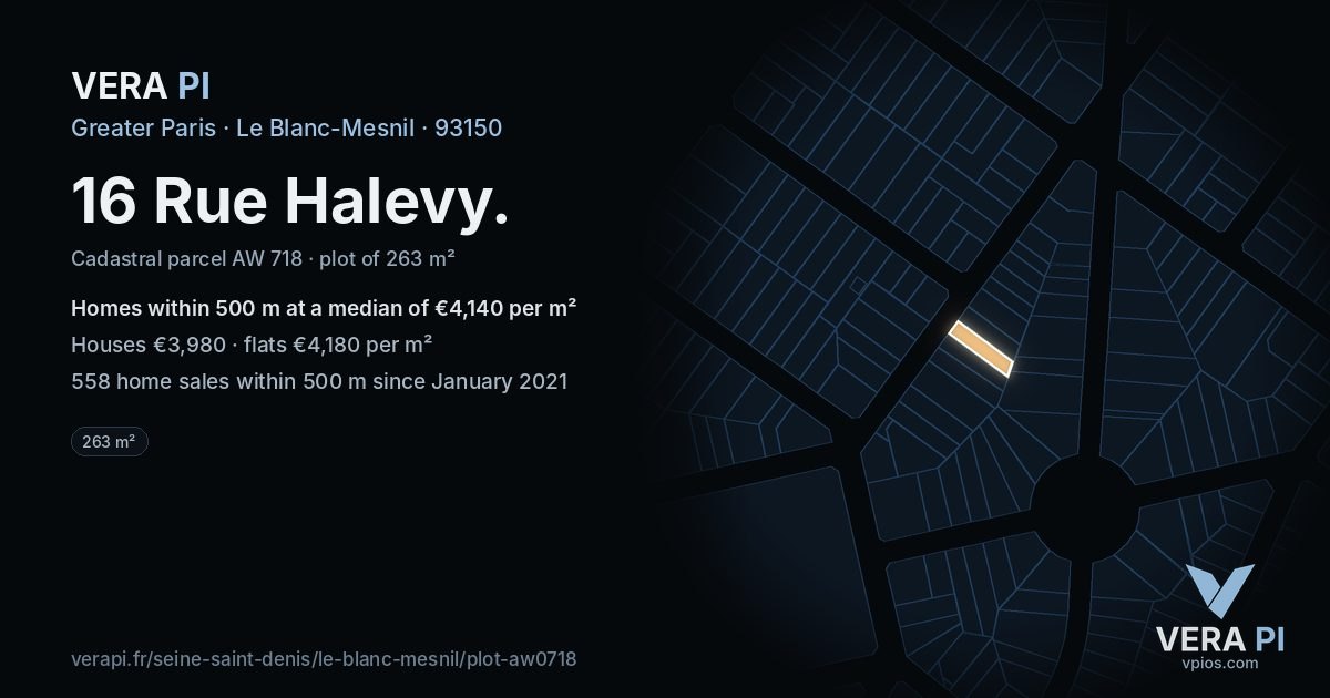 16 Rue Halevy, Le Blanc-Mesnil at night – the plot lit, the parcels around coloured by the prices near them