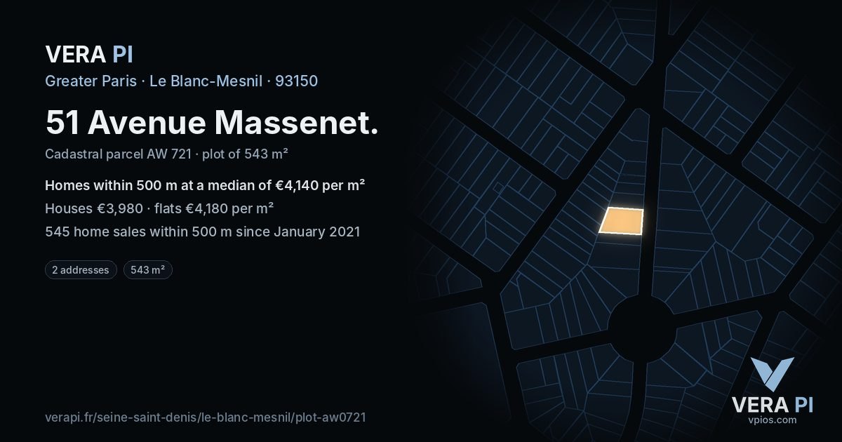 51 Avenue Massenet, Le Blanc-Mesnil at night – the plot lit, the parcels around coloured by the prices near them