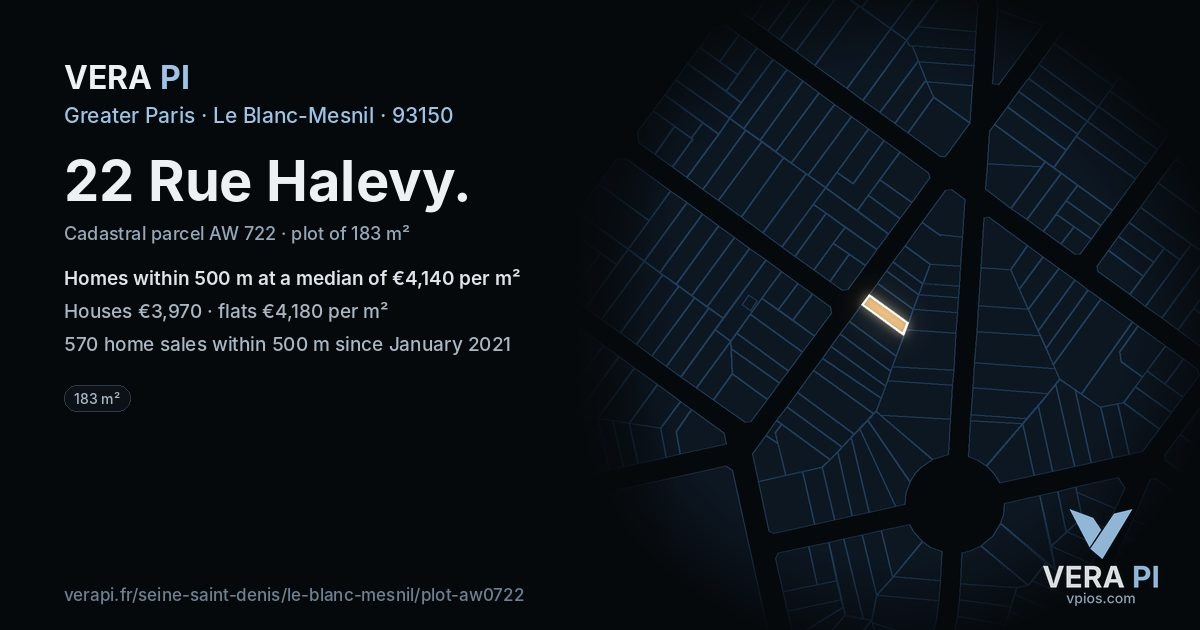 22 Rue Halevy, Le Blanc-Mesnil at night – the plot lit, the parcels around coloured by the prices near them
