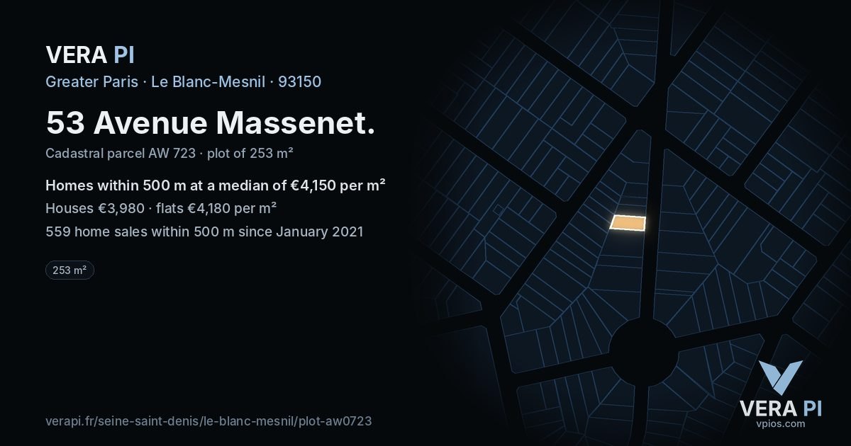 53 Avenue Massenet, Le Blanc-Mesnil at night – the plot lit, the parcels around coloured by the prices near them