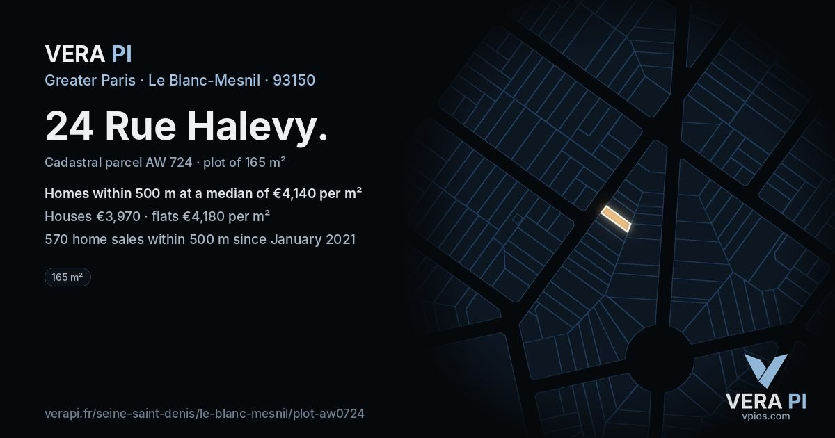 24 Rue Halevy, Le Blanc-Mesnil at night – the plot lit, the parcels around coloured by the prices near them