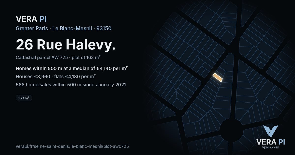 26 Rue Halevy, Le Blanc-Mesnil at night – the plot lit, the parcels around coloured by the prices near them
