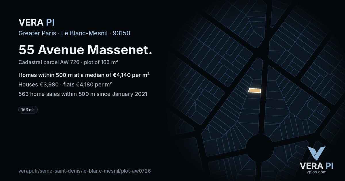 55 Avenue Massenet, Le Blanc-Mesnil at night – the plot lit, the parcels around coloured by the prices near them