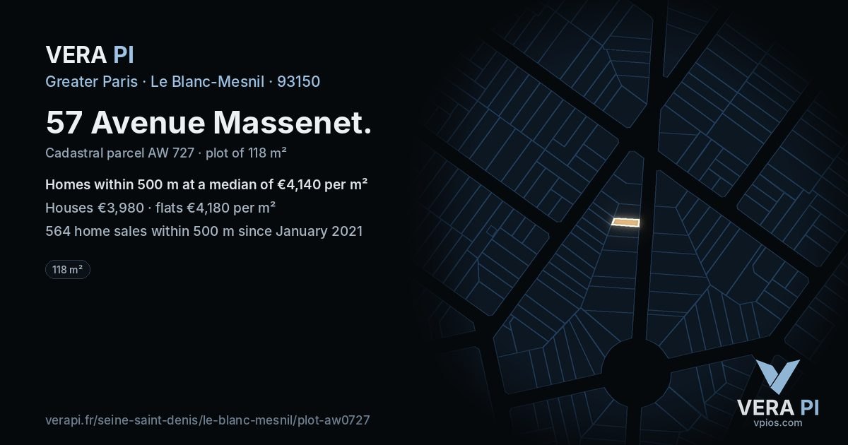 57 Avenue Massenet, Le Blanc-Mesnil at night – the plot lit, the parcels around coloured by the prices near them