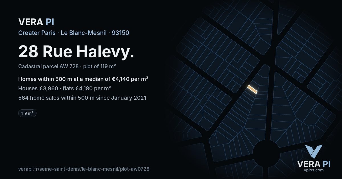 28 Rue Halevy, Le Blanc-Mesnil at night – the plot lit, the parcels around coloured by the prices near them