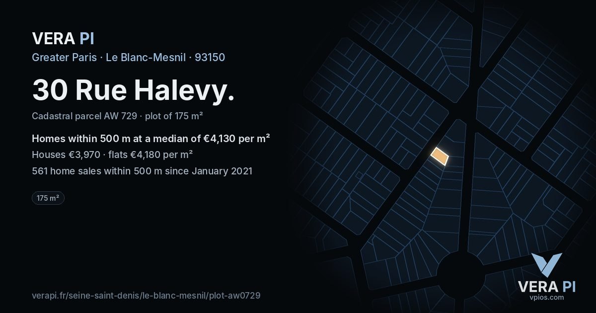 30 Rue Halevy, Le Blanc-Mesnil at night – the plot lit, the parcels around coloured by the prices near them