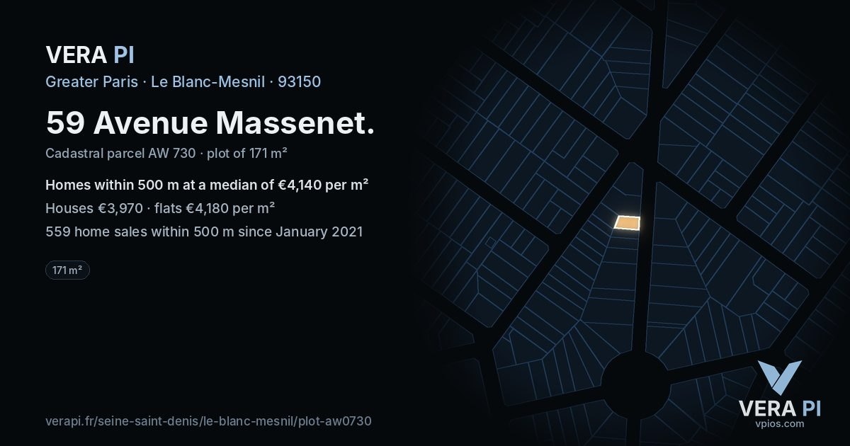 59 Avenue Massenet, Le Blanc-Mesnil at night – the plot lit, the parcels around coloured by the prices near them