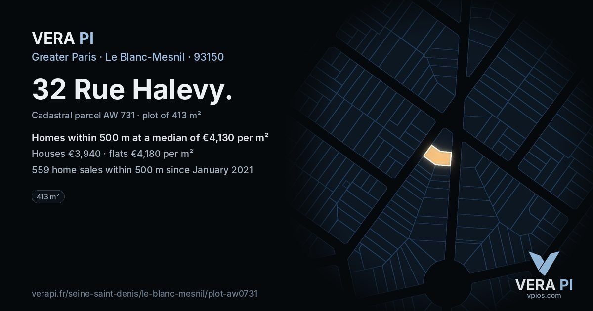 32 Rue Halevy, Le Blanc-Mesnil at night – the plot lit, the parcels around coloured by the prices near them