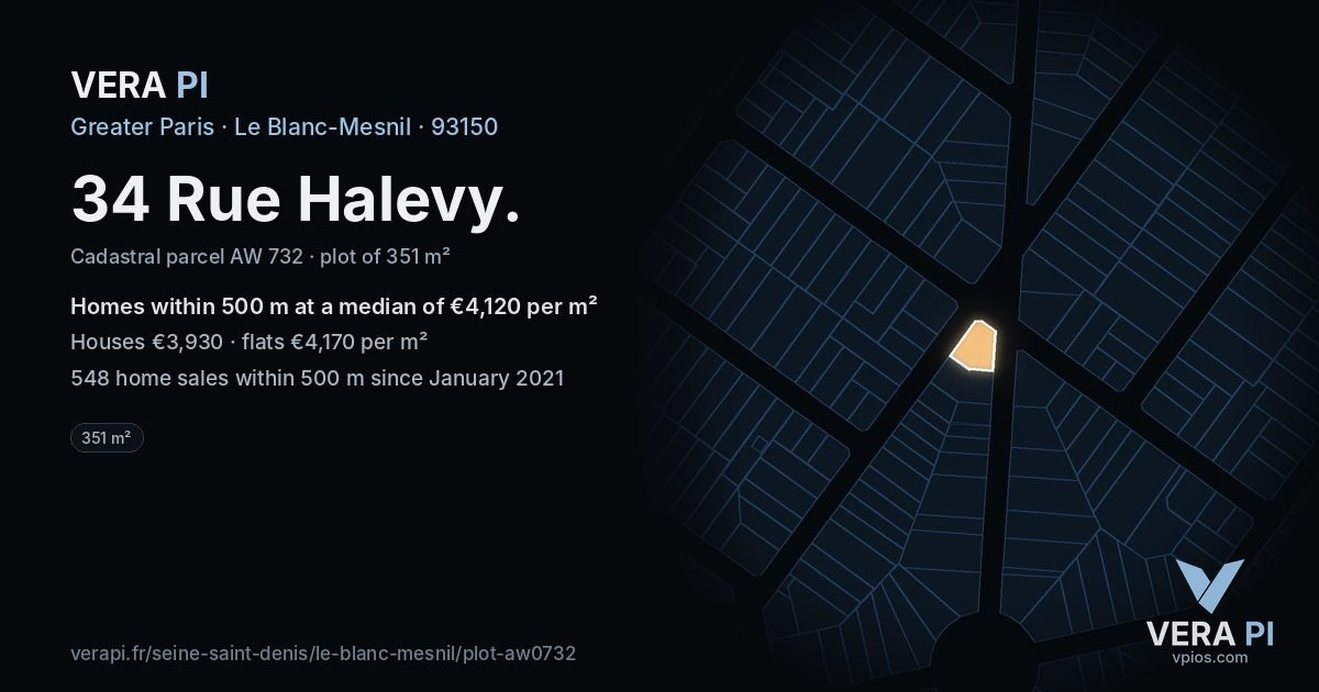 34 Rue Halevy, Le Blanc-Mesnil at night – the plot lit, the parcels around coloured by the prices near them