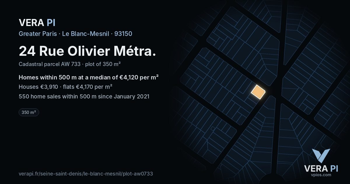 24 Rue Olivier Métra, Le Blanc-Mesnil at night – the plot lit, the parcels around coloured by the prices near them