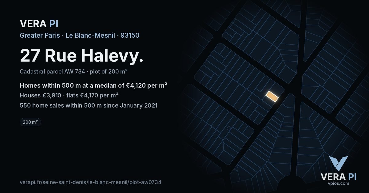 27 Rue Halevy, Le Blanc-Mesnil at night – the plot lit, the parcels around coloured by the prices near them
