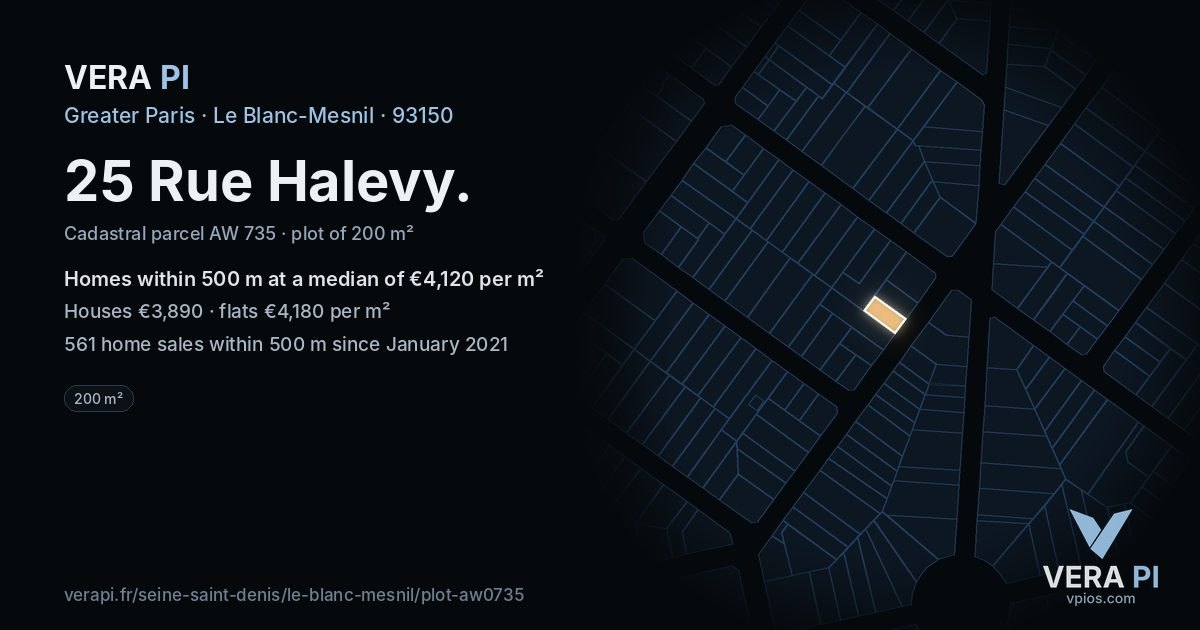 25 Rue Halevy, Le Blanc-Mesnil at night – the plot lit, the parcels around coloured by the prices near them