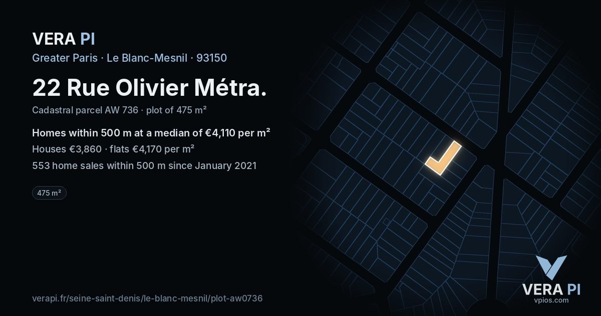 22 Rue Olivier Métra, Le Blanc-Mesnil at night – the plot lit, the parcels around coloured by the prices near them