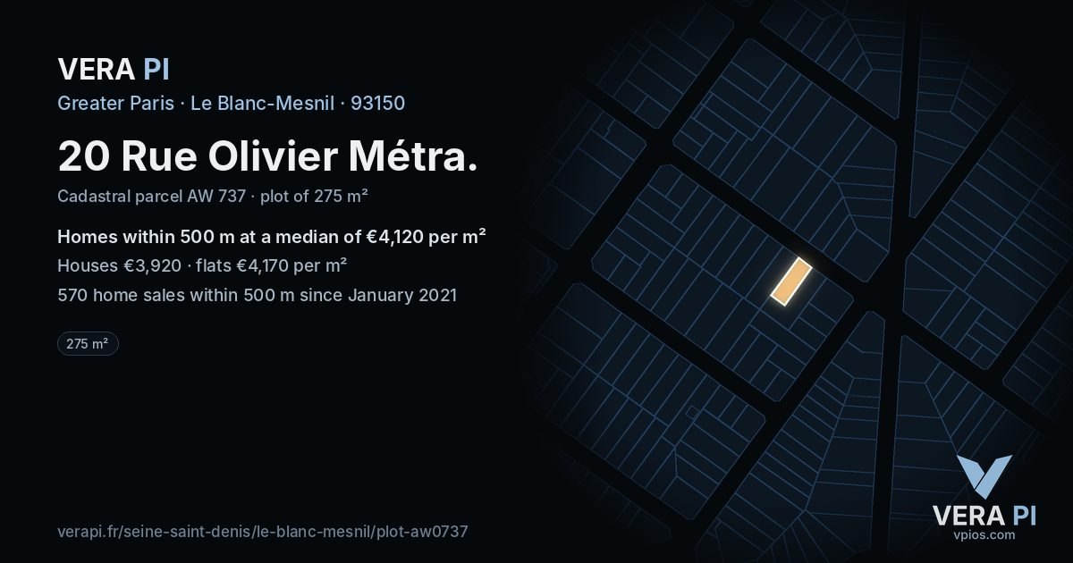 20 Rue Olivier Métra, Le Blanc-Mesnil at night – the plot lit, the parcels around coloured by the prices near them