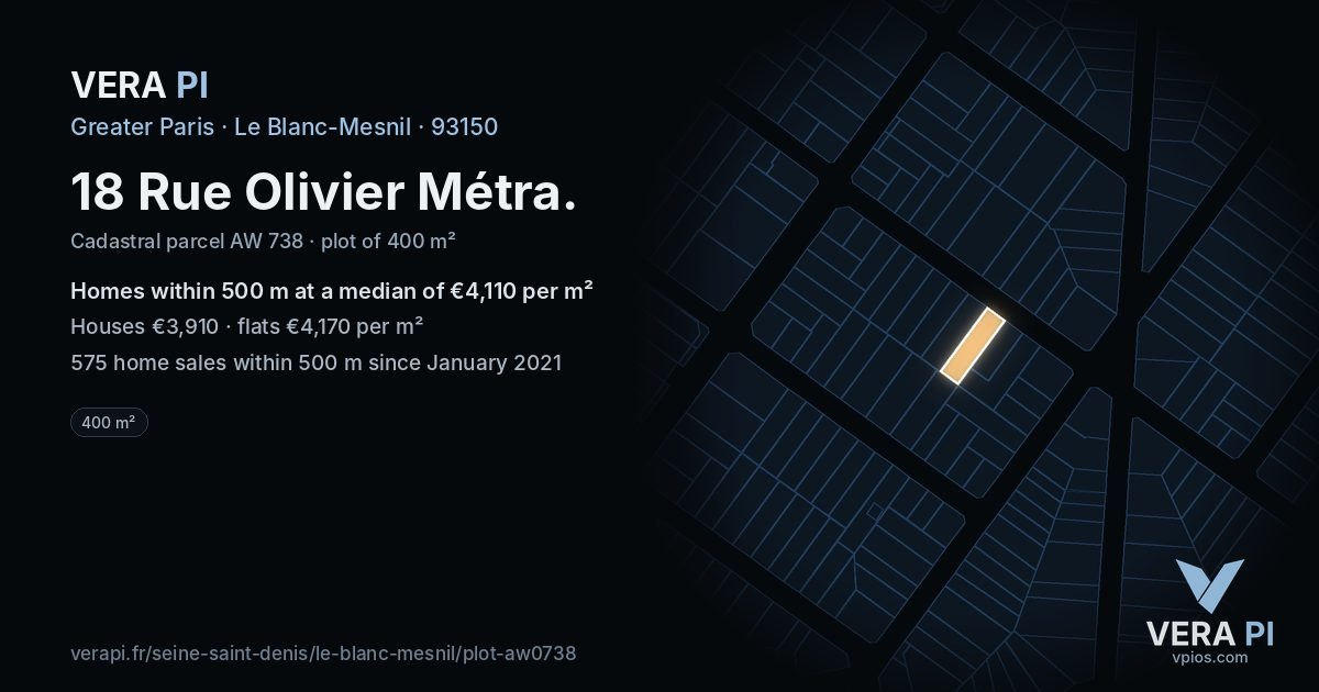 18 Rue Olivier Métra, Le Blanc-Mesnil at night – the plot lit, the parcels around coloured by the prices near them