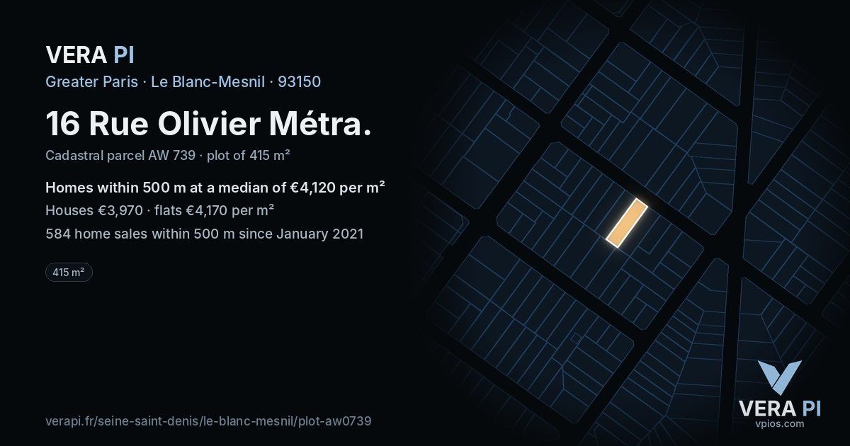16 Rue Olivier Métra, Le Blanc-Mesnil at night – the plot lit, the parcels around coloured by the prices near them