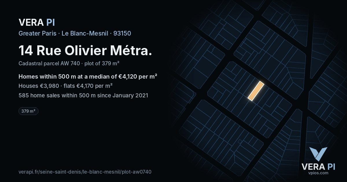 14 Rue Olivier Métra, Le Blanc-Mesnil at night – the plot lit, the parcels around coloured by the prices near them