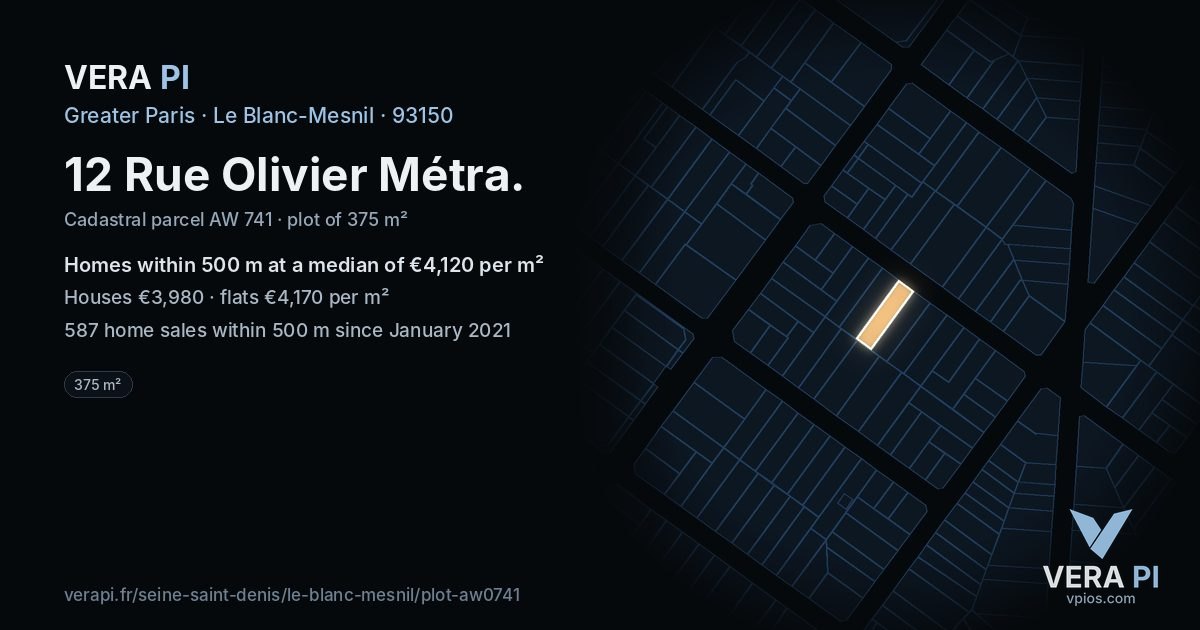 12 Rue Olivier Métra, Le Blanc-Mesnil at night – the plot lit, the parcels around coloured by the prices near them