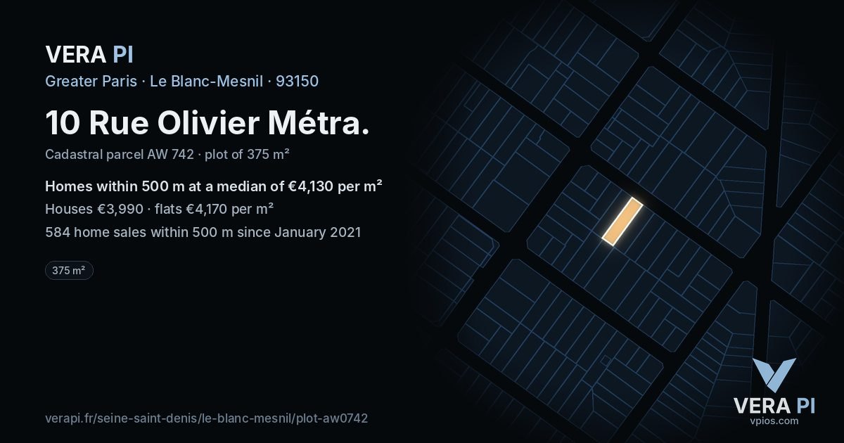 10 Rue Olivier Métra, Le Blanc-Mesnil at night – the plot lit, the parcels around coloured by the prices near them