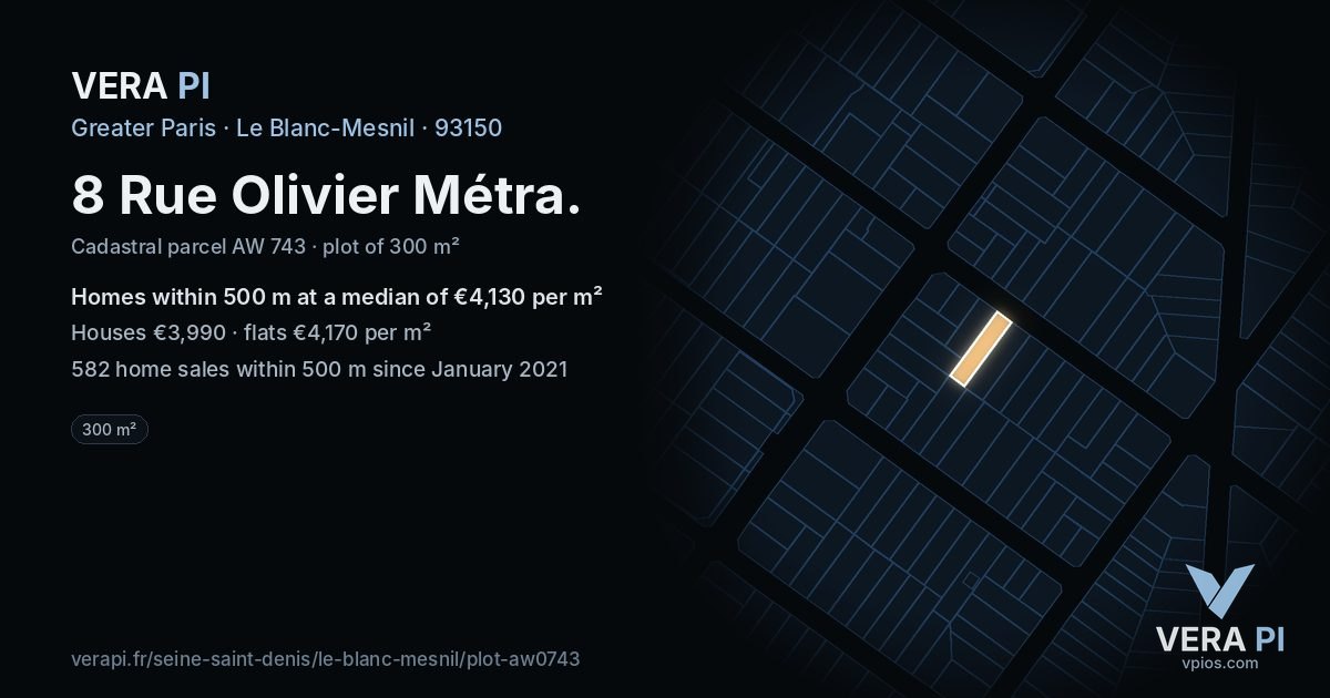 8 Rue Olivier Métra, Le Blanc-Mesnil at night – the plot lit, the parcels around coloured by the prices near them