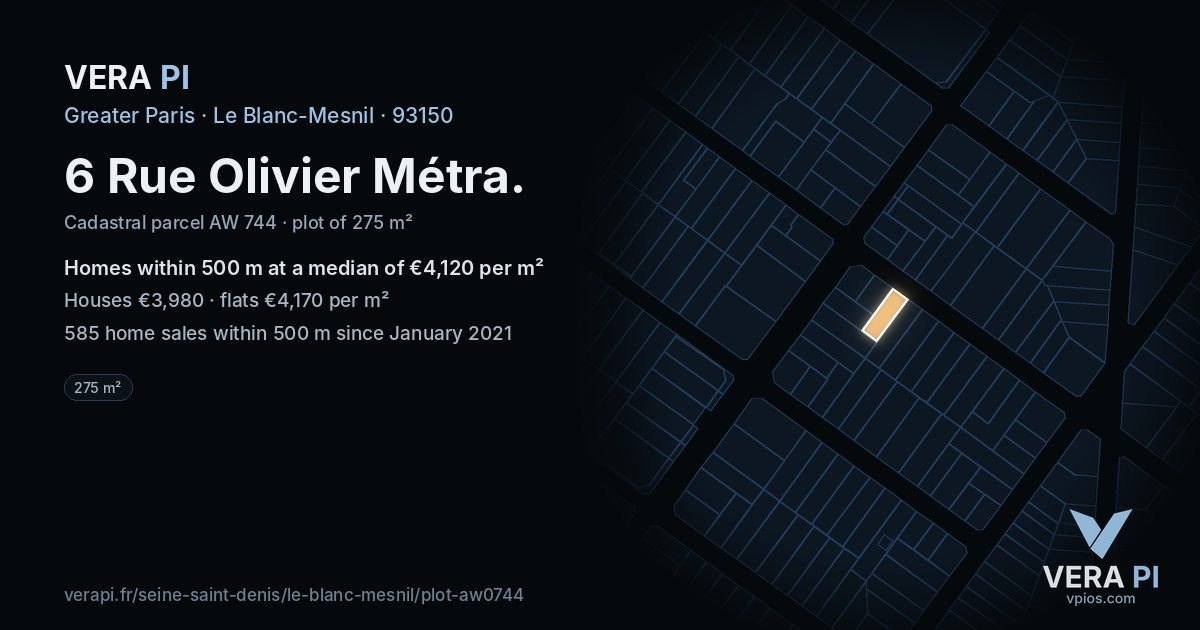 6 Rue Olivier Métra, Le Blanc-Mesnil at night – the plot lit, the parcels around coloured by the prices near them