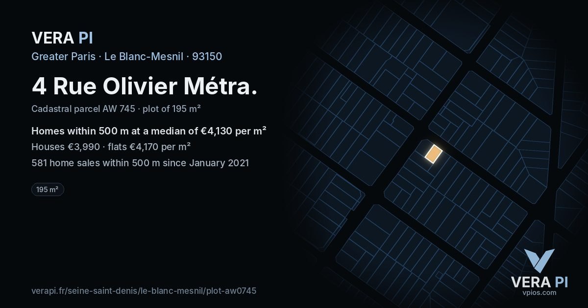 4 Rue Olivier Métra, Le Blanc-Mesnil at night – the plot lit, the parcels around coloured by the prices near them