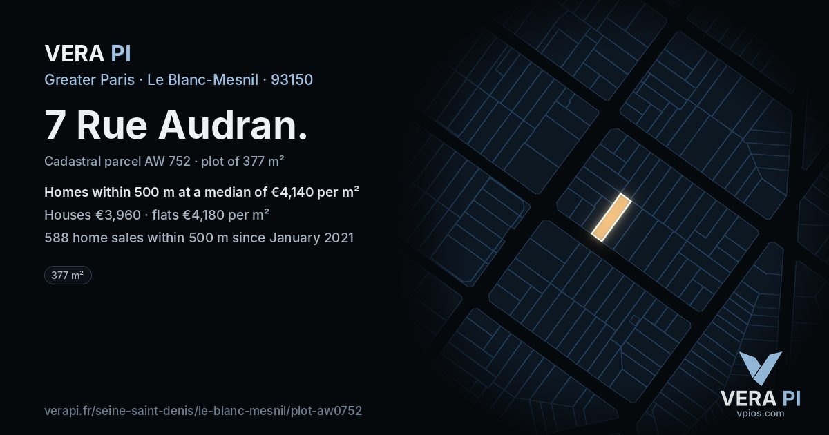7 Rue Audran, Le Blanc-Mesnil at night – the plot lit, the parcels around coloured by the prices near them