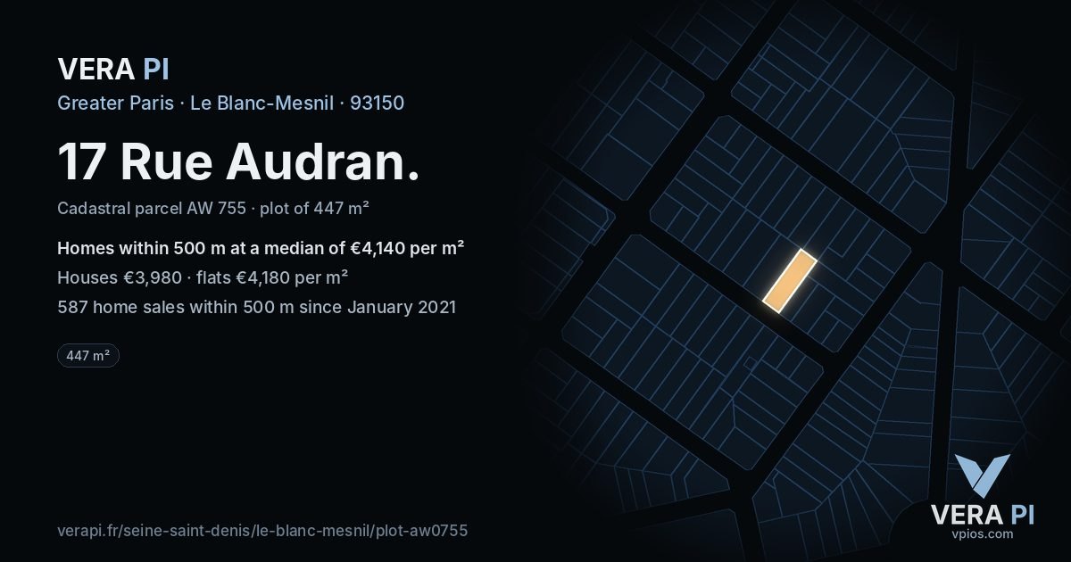 17 Rue Audran, Le Blanc-Mesnil at night – the plot lit, the parcels around coloured by the prices near them