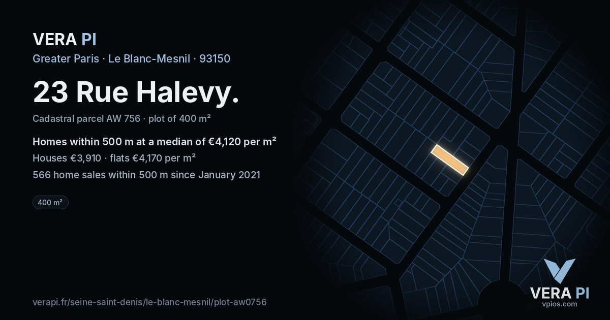 23 Rue Halevy, Le Blanc-Mesnil at night – the plot lit, the parcels around coloured by the prices near them