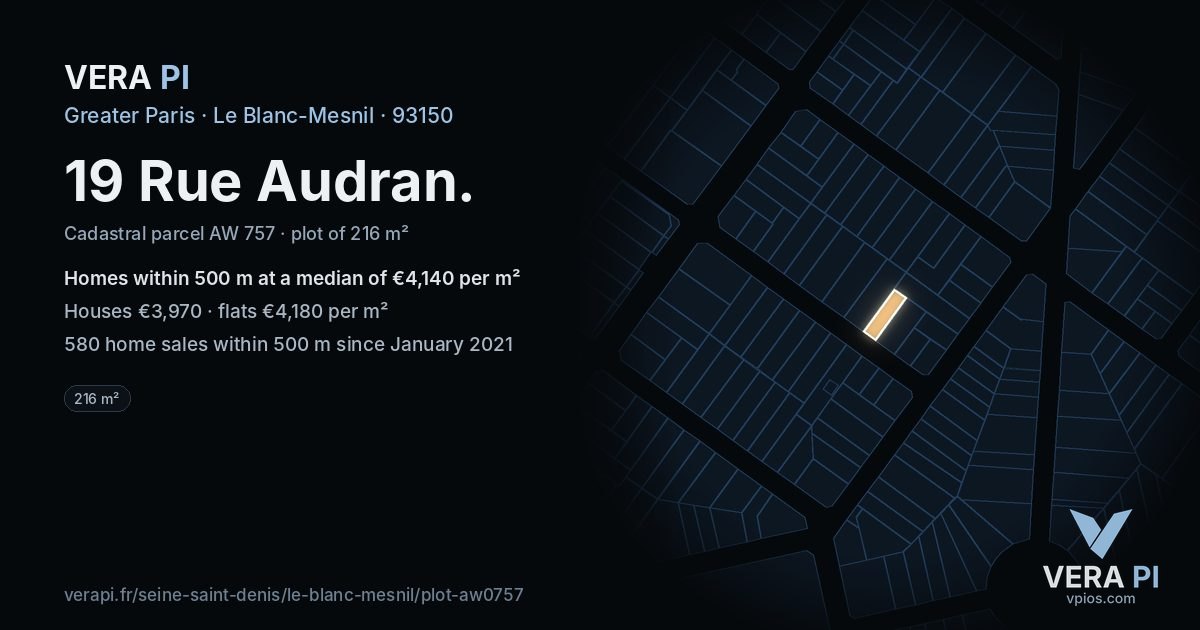 19 Rue Audran, Le Blanc-Mesnil at night – the plot lit, the parcels around coloured by the prices near them